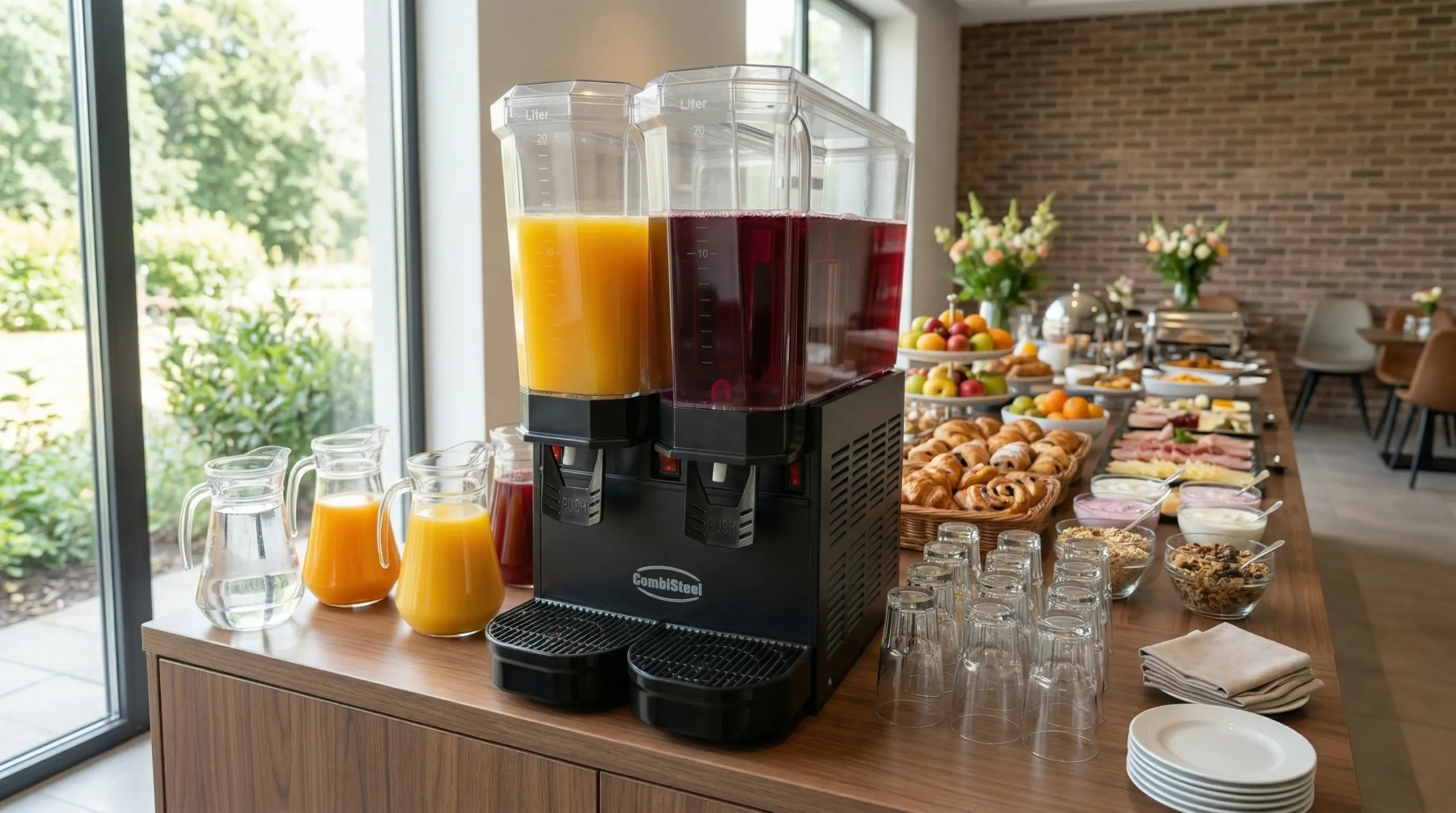 Refrigerated fruit juice dispenser on a hotel breakfast buffet