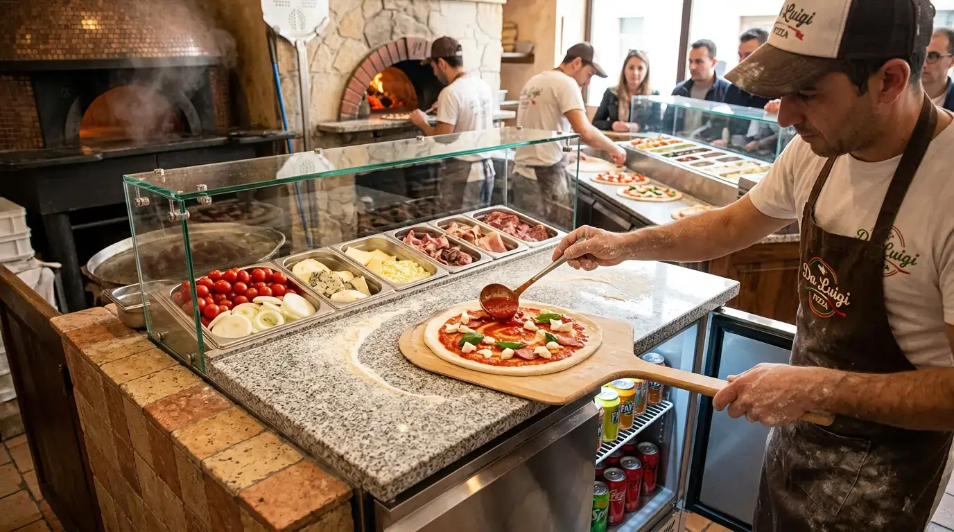 Refrigerated 3-door pizza prep table with display case and granite worktop