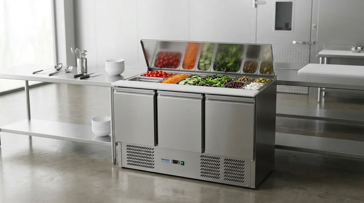 Interior view of 3-door refrigerated saladette